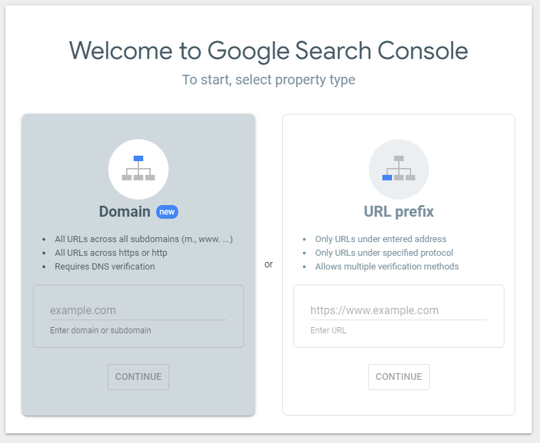Screenshot from Google Search Console showing the two different way to add a website : URL Prefix or entire domain