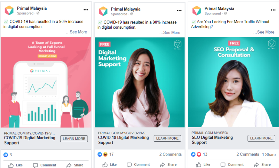 an example of 3 different facebook adverts