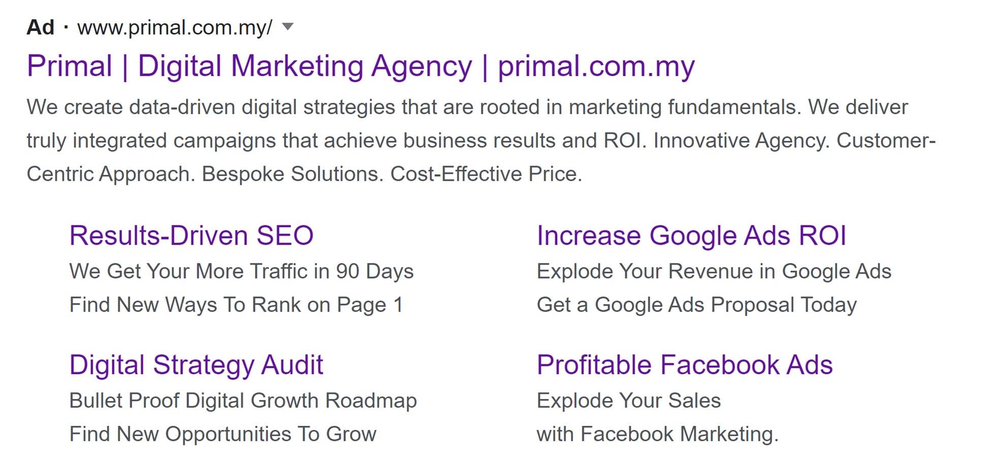 A screen shot for a Google advert from Google's search results page