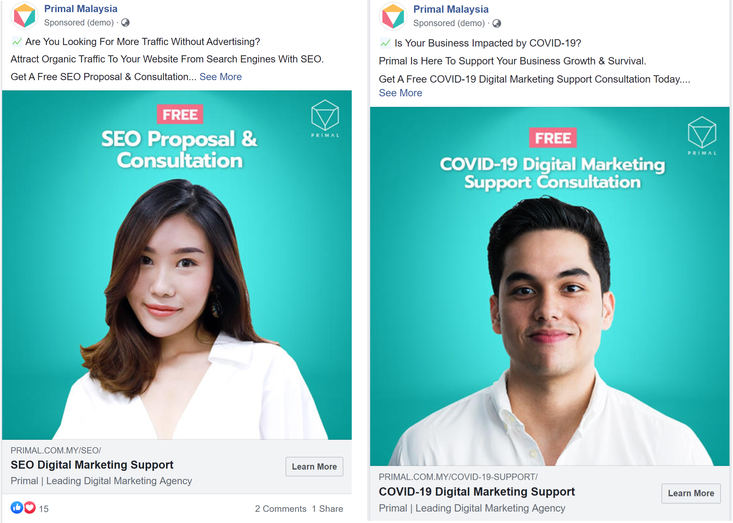Example of 2 facebook adverts