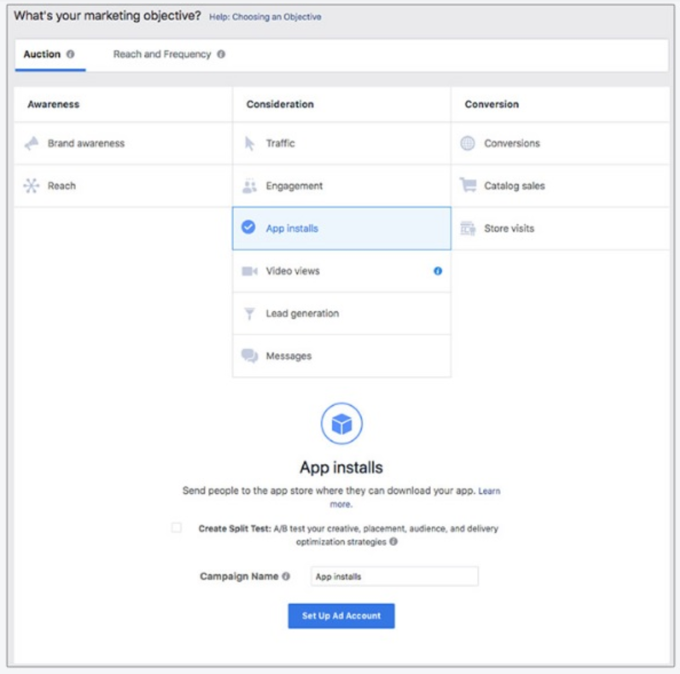 Facebook marketing objectives setup